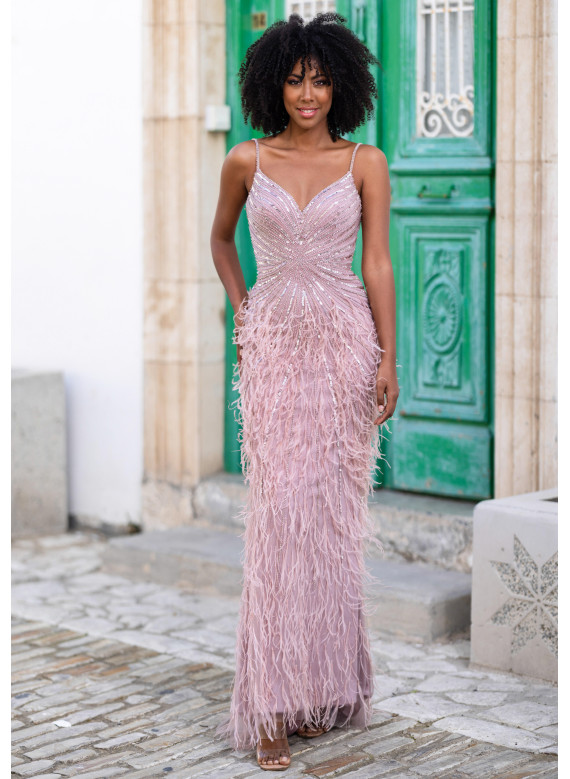 Vestido Longo Plumas Cerimónia Lavender Snow