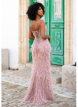 Vestido Longo Plumas Cerimónia Lavender Snow