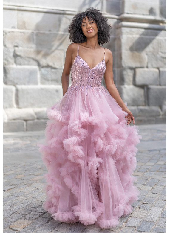 Vestido Prom Rosa Princesa | Vestido Gala com Lantejoulas e Tule