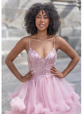 Vestido Prom Rosa Princesa | Vestido Gala com Lantejoulas e Tule