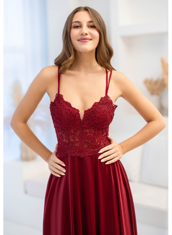 Vestido Prom Bordeaux | Vestido de Gala com Renda e Cetim