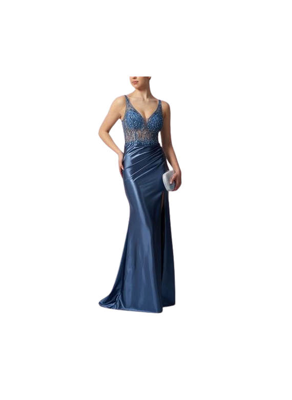 Vestido de Festa Azul Airforce com Brilho e Fenda | Coleção 2026