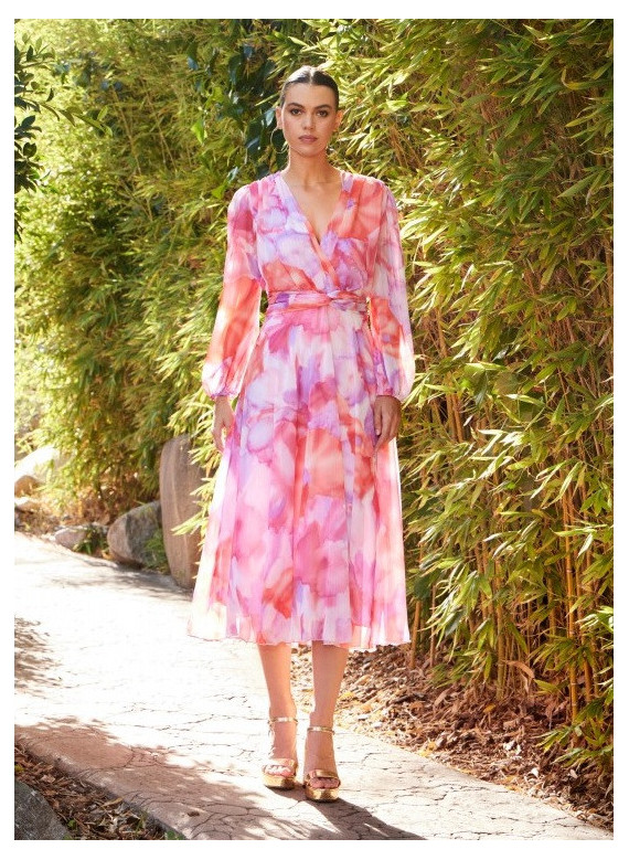 Vestido de Festa Midi Coral Aquarelle | Boutique Coimbra