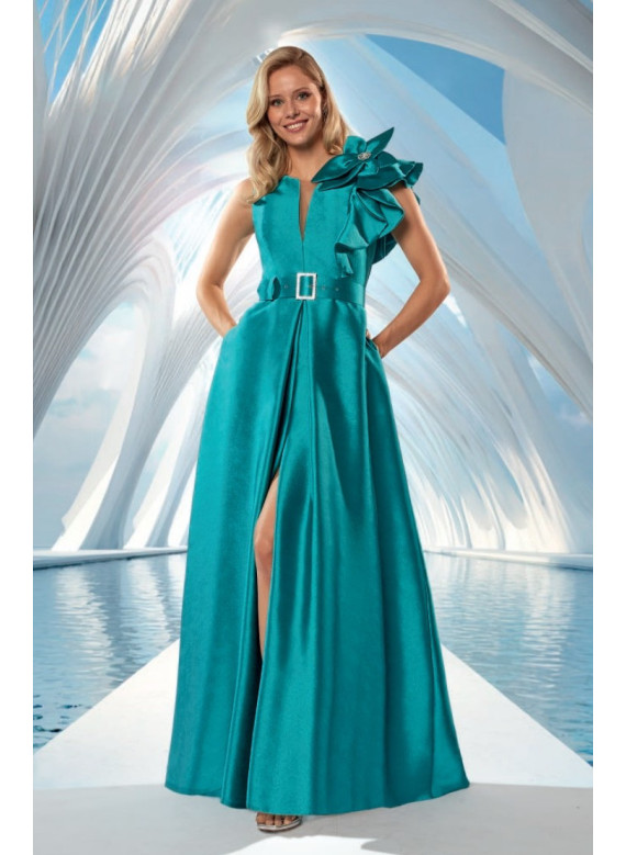 Vestido de Cerimónia em Mikado verde e fúcsia | Boutique Coimbra