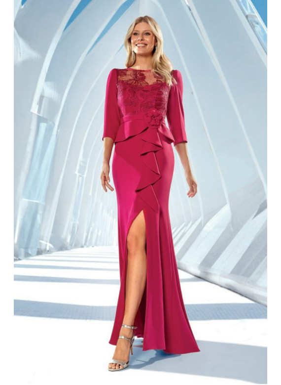 Vestido de Madrinha Fúcsia com Renda e Peplum | Boutique Coimbra