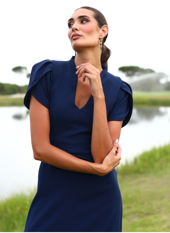 Vestido Midi Azul Marinho Elegante | Cerimónia, Casamento e Gala