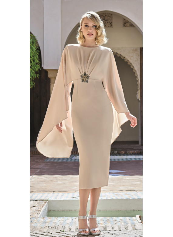 Vestido Midi Bege para Mãe dos Noivos ou Madrinha | Elegância Delicada