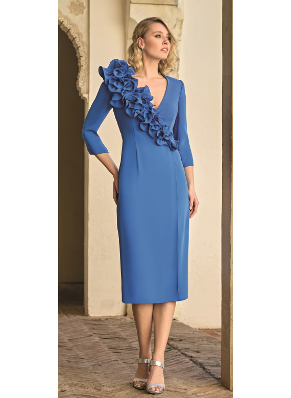 Vestido Midi Azul de Cerimónia com Aplicação Floral | Elegância Atual