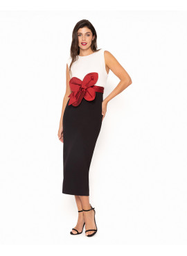 Vestido Midi P&B com Flor Gigante | Biba Boutique