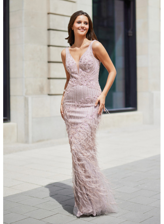 Vestido de Cerimónia Rosa Nude com Bordados e Plumas | Biba Boutique