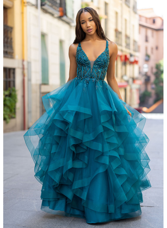 Vestido de Cerimónia Azul Lago em Tule com Folhos | Biba Boutique