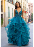 Vestido de Cerimónia Azul Lago em Tule com Folhos | Biba Boutique