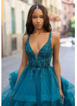 Vestido de Cerimónia Azul Lago em Tule com Folhos | Biba Boutique