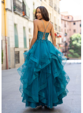 Vestido de Cerimónia Azul Lago em Tule com Folhos | Biba Boutique