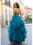 Vestido de Cerimónia Azul Lago em Tule com Folhos | Biba Boutique